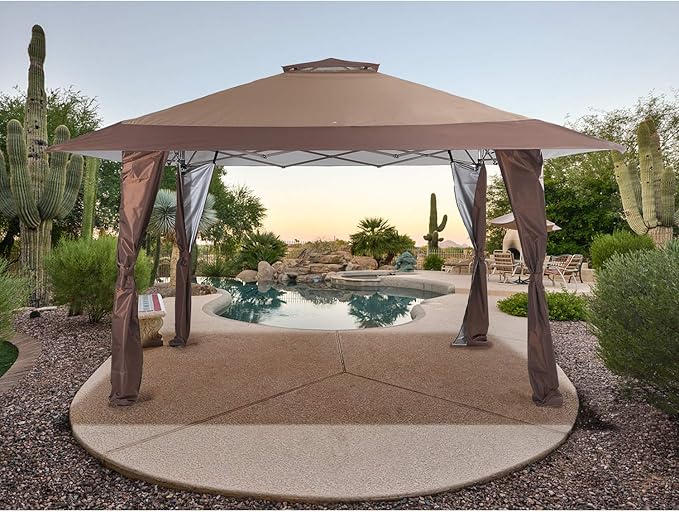 MFSTUDIO 13X13 Outdoor Pop Up Canopy Outdoor Canopy Tent, Easy Set-up Straight Leg Folding Instant Shelter for Beach,Party and Camping, 169 Sq. Ft of Shade, Brown