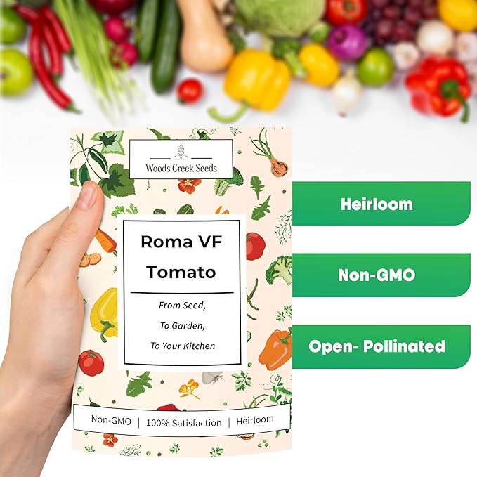 Woods Creek Seeds: Roma VF Tomato Seeds for Planting - Over 350 Heirloom Tomato Seeds for Planting Outdoors, Indoors, Patio or Home Plant Garden - Non-GMO Seed Pack of Tomatoes
