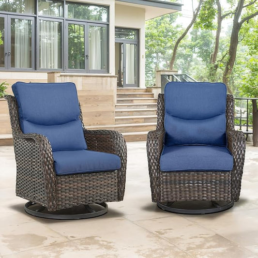 Swivel Patio Chairs Set of 2 with 5" Thick Cushion - Wicker Outdoor Swivel Rocker Patio Chairs, High Back Comfortable Outdoor Glider Chair for Balcony, Porch, Deck, Poolside - Brown/Blue