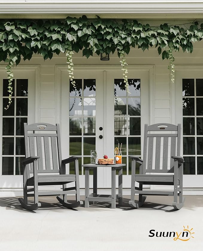 Oversized Outdoor Rocking Chair Set of 2, High Back Porch Rocker Chair, HDPE All Weather Resistant Rocking Chairs for Patio,Grey