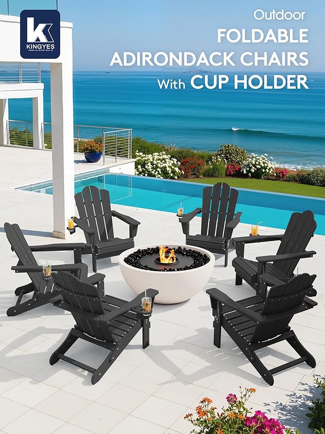 KINGYES Folding Adirondack Chair Set of 4, HDPE All-Weather Patio Chairs with Cup Holder, Wooden Textured Fire Pit Chairs for Poolside, Backyard, Deck, Grey