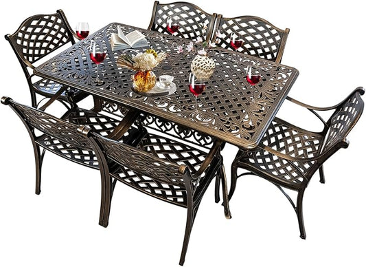 Outdoor Patio Dining Set Cast Aluminum 7 Piece Patio Bistro Dining Set,Metal Rectangular Patio Table and Chairs Set for 6 Person with Umbrella Hole,Patio Furniture Sets for Garden,Bronze