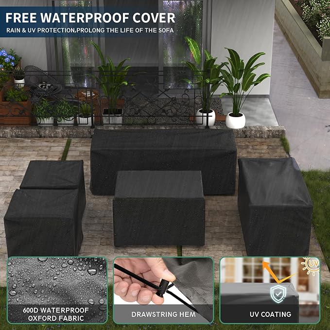 Amopatio Patio Furniture with Fire Pit, 8 Pcs Aluminum Outdoor Metal Patio Sofa Sets with Aluminum Fire Pit Table(Included Waterproof Covers)