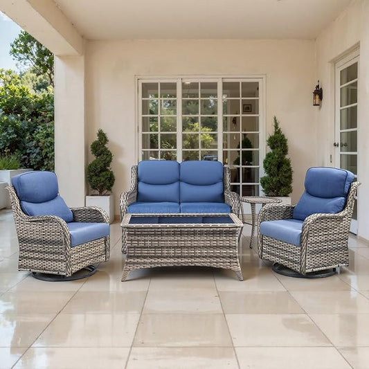 Outdoor Swivel Rocker Patio Chairs Set of 5 with Loveseat - 5" Thick Cushion 5 Piece Furniture Set with Sofa All Weather Wicker Conversation Set for Porch Deck - Grey Wicker | Blue Cushions