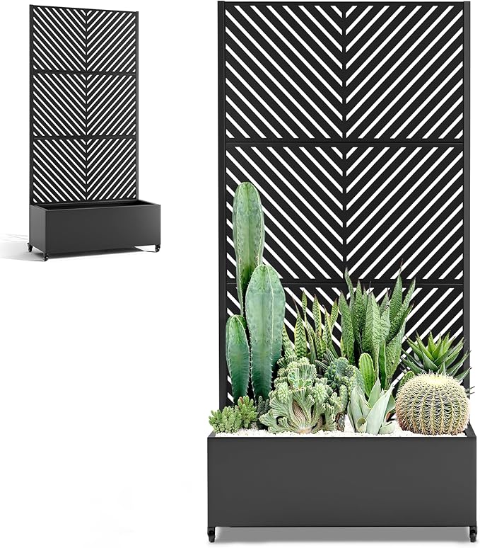 Metal Raised Garden Beds Outdoor with Trellis & Wheels, Planters Box with Privacy Screen, Drainage Holes for Vegetables, Flowers (35" L×16" W×71" H, Black Parallel)