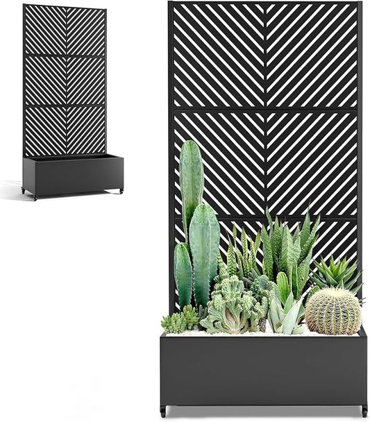 Metal Raised Garden Beds Outdoor with Trellis & Wheels, Planters Box with Privacy Screen, Drainage Holes for Vegetables, Flowers (35" L×16" W×71" H, Black Parallel)