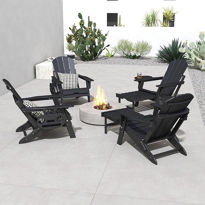 FOOWIN Adirondack Chair with Retractable Ottoman,HDPE Folding Adjustable Adirondack Chair w/4 in 1 Cup Holder Trays,All-Weather Resistant Fire Pit Chair for Outdoor Patio Lawn Set of 8