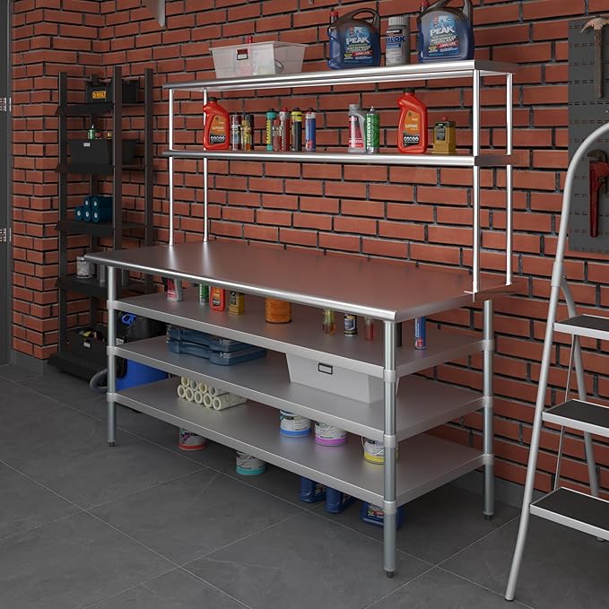 Amgood 30" x 72" Stainless Steel Work Table with 3 Shelves and 12" Wide Double Tier Overshelf | Metal Kitchen Prep Table & Shelving Combo | NSF