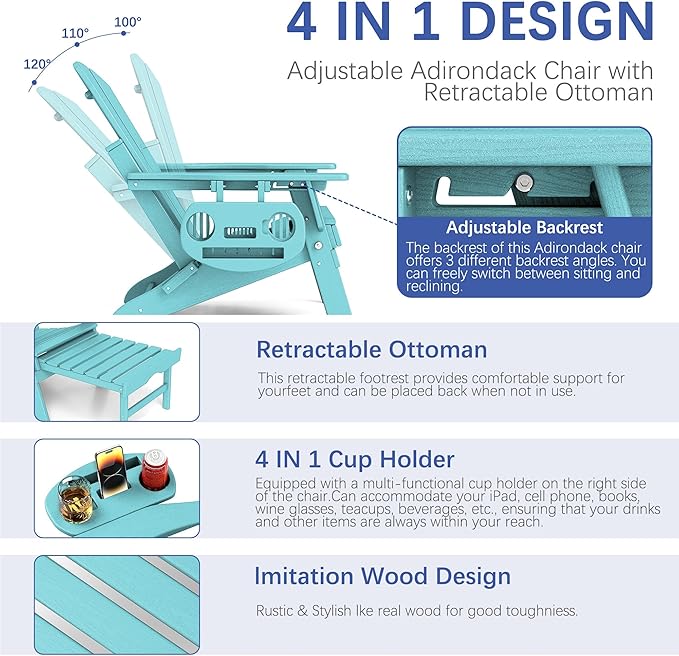 FOOWIN Adirondack Chair with Retractable Ottoman,HDPE Folding Adjustable Adirondack Chair w/4 in 1 Cup Holder Trays,All-Weather Resistant Fire Pit Chair for Outdoor Patio Lawn Set of 6