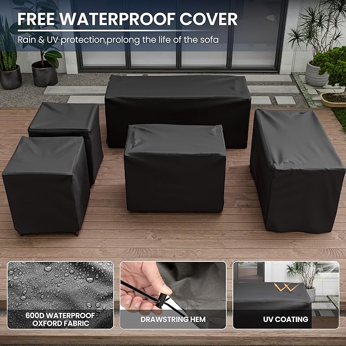 Amopatio Patio Furniture with Fire Pit, 8 Pcs Aluminum Outdoor Metal Patio Sofa Set with Aluminum Fire Pit Table,Dark Grey(Included Waterproof Covers)
