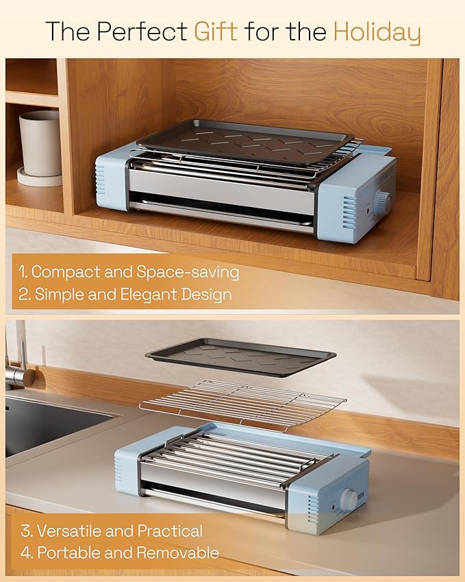 HBN 3-in-1 Hot Dog Roller Grill Machine with Nonstick Plate & Grill Rack, 800W Compact Indoor Electric Sausage Griller for Kitchen, Home, Small Space Use (Sky Blue)