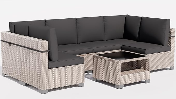 7 Pieces Patio Furniture Set, Outdoor Sectional Wicker Sofa with Thick Cushions and Storage Coffee Table, Rattan Patio Conversation Sets for Deck Yard Poolside, Black