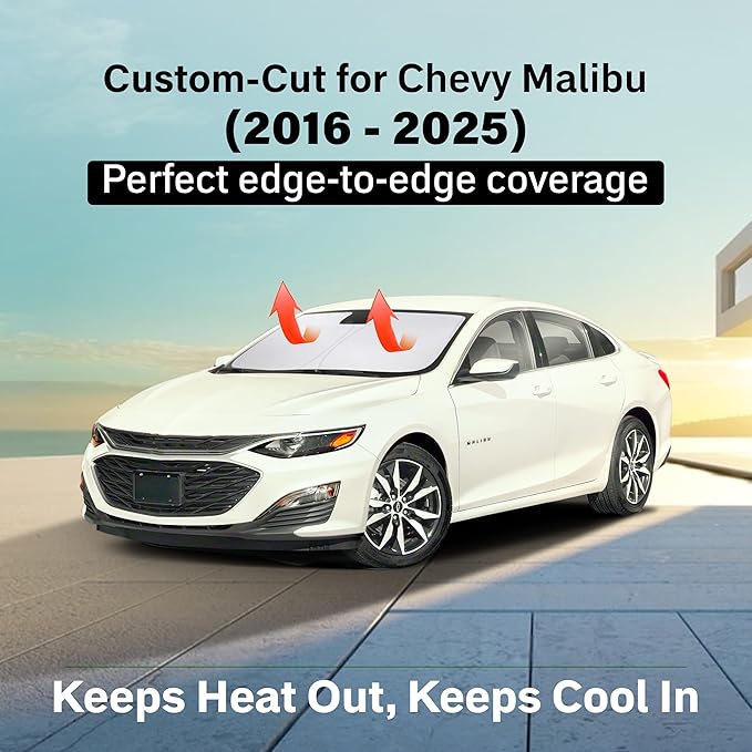 Econour Windshield Sun Shade for Chevrolet Chevy Malibu Accessories 2016-2024 2025 Sunshade Sun Visor Protector Foldable Blocks UV Rays Keep Your Car Cooler