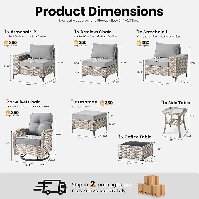 ovios 8 Pieces Patio Furniture Set Outdoor Sectional Sofa Couch with Rocking Swivel Chairs Deep Seat Chaise Comfy Cushions, Modern Modular Wicker Rattan Conversation Set, Dark Grey
