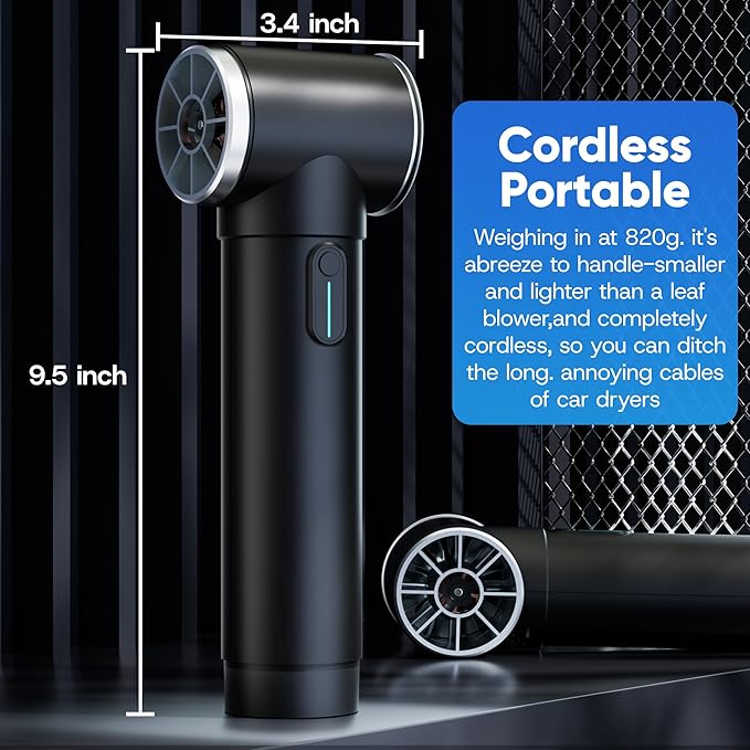 Oversize Turbo Dryer Blower for Car, Max Instantaneous Thrust 2 LB, 4 Speeds, 50MM Big Electric Cordless Air Blower for Leaf, Patio Cleaning, Lawn Care & Car Drying