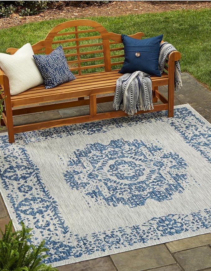 Unique Loom Outdoor Traditional Collection Area Rug - Timeworn (13' Square, Blue/ Gray)