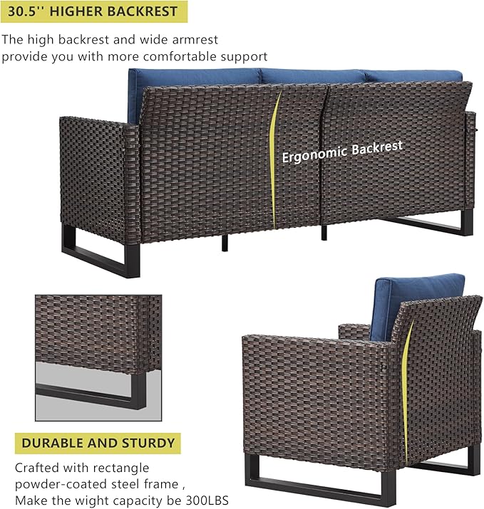 HUMMUH 7 Piece Patio Furniture Set Outdoor Sectional Sofa,High Back Patio Swivel Rocker Chairs with Ottomans Coffee Table for Porch,Garden,Backyard(Brown/Blue)