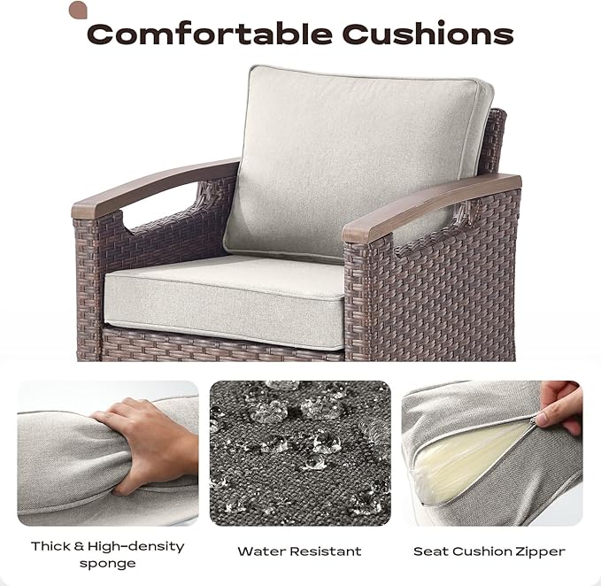 Rilyson 6 Piece Outdoor Patio Swivel Rocking Chairs, All Weather Wicker, Metal Armrest, Deep Seating, Thick Cushions, Side Table, Ideal for Deck Porch Backyard, Brown/Beige