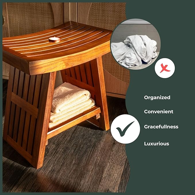 Teak Shower Bench 18 Inch – Fully Assembled Waterproof Seat with Curved Design – Durable Wooden Stool for Bathroom, Spa, or Outdoor Use