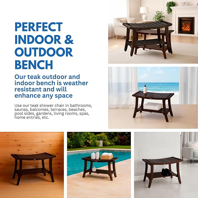 DecoTeak Harmony 30 Inch Brown Waterproof Teak Wood Shower Bench | Provides Safety, Storage, and Organization for Bathroom Accessories