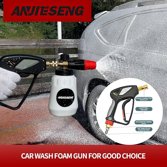 Short Pressure Washer Gun with 360 Swivel - 5000 PSI / 10.5 GPM High Pressure Water Handle with 3/8" Male Plug and 1/4" Quick Connector Coupler - Ideal Power Car Wash Foam Gun (brass)