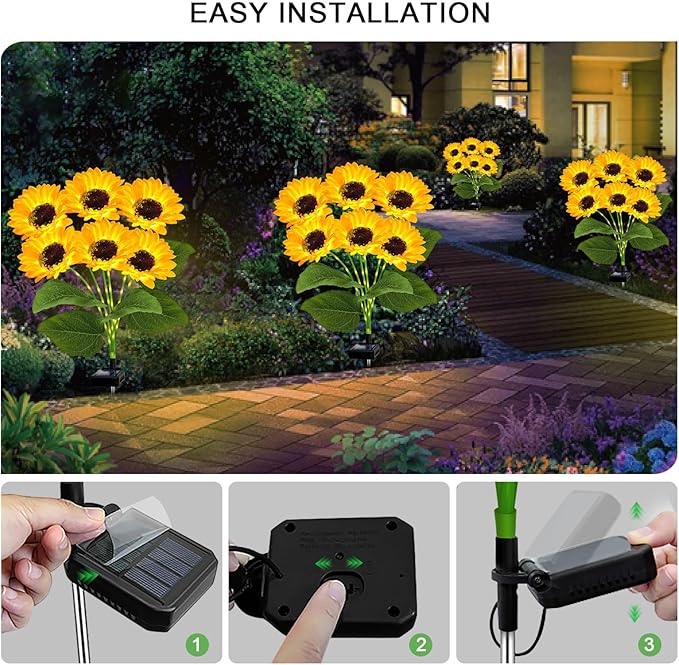Solar Sunflower Lights 2 Pack with 12 Outdoor Decorative Lights for Garden Gift for Mom and Friends, IP65 Waterproof Sunflower Garden Stake Lights for Yard Patio Lawn Pathway (Warm White)