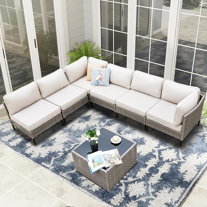 7-Piece Outdoor Wicker Sectional Set with 2 Armchairs, 4 Armless Chairs and Glass Table, Modular PE Rattan Sofa with Beige Cushions for Patio, Deck, Garden, Porch