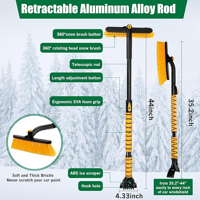 44" Ice Scraper and Snow Brush for SUV, 360° Pivoting Extendable Long Snow Brush for Car, Snow and Ice Scrapers for Windshield with Ergonomic Foam Grip for Car Truck SUV(Yellow)