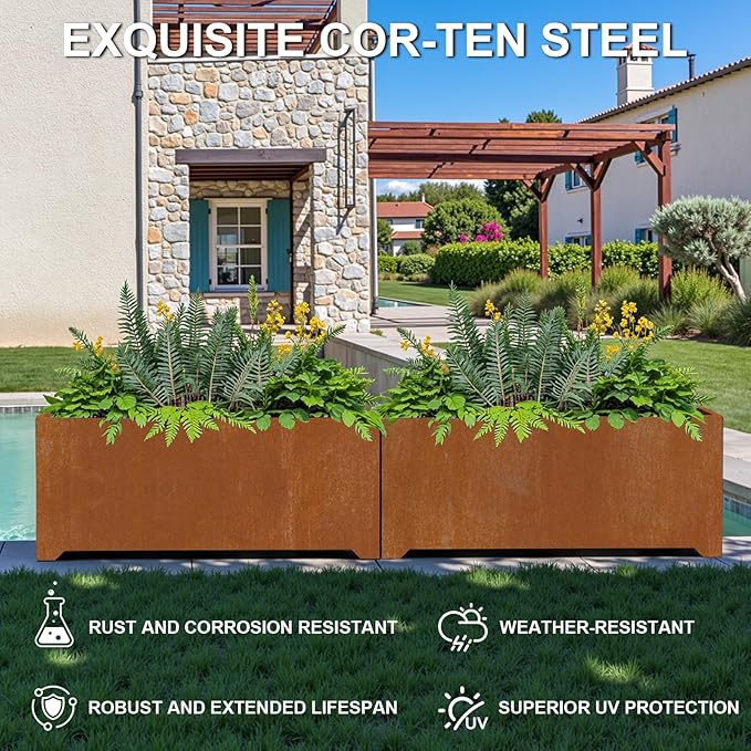 Co-rten Metal Garden Planter Box, Large Outdoor Rectangle Planters with 6 Drainage Holes & Raised Bottom, All-Weather Rust-Resistant Container for Patio, Deck, Commercial Use, 36"L x 15"W x 15"H