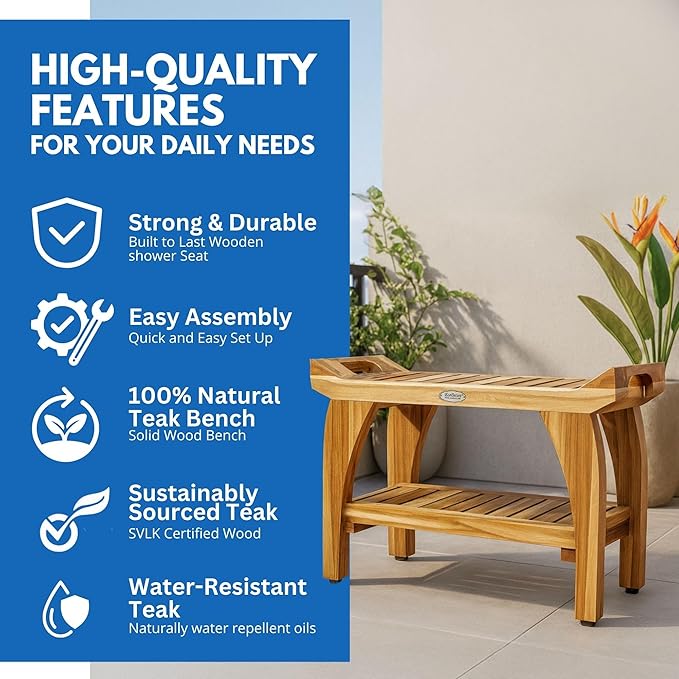 EcoDecors 30 Inch Tranquility Natural Color Waterproof Teak Wood Shower Bench Stool Seat Chair For Inside Shower Storage Shelf Provides Safety, Storage, and Organization For Bathroom Accessories