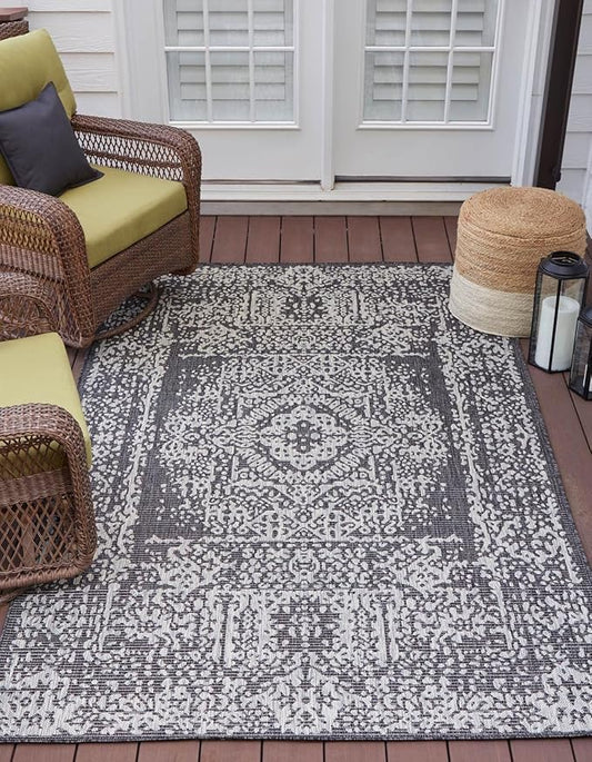 Unique Loom Outdoor Traditional Collection Area Rug - Timeworn (10' x 13' 1" Rectangle Charcoal Gray/Gray)