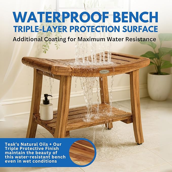 EcoDecors 24 Inch Harmony Natural Color Waterproof Teak Wood Shower Bench Stool Seat Chair For Inside Shower Storage Shelf Provides Safety, Storage, and Organization For Bathroom Accessories