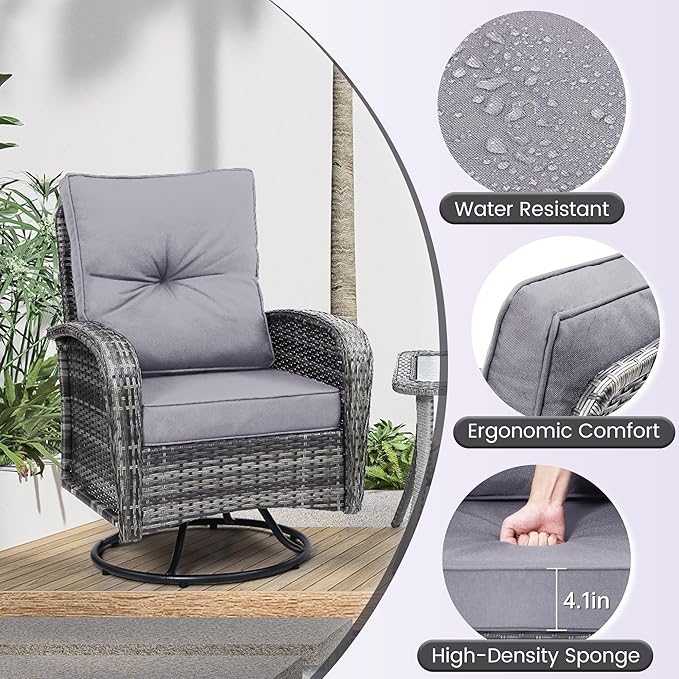 Luxury Outdoor Swivel Wicker Glider Patio Chairs with Table Set, Overstuffed Washable Cushions, Ideal for Porch, Balcony, Deck, Grey Rattan and Grey Cushion