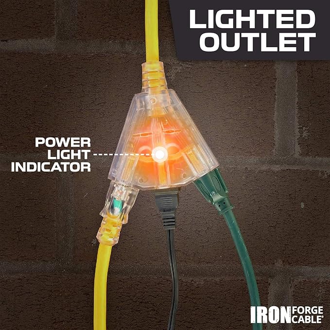 IRON FORGE CABLE 15 Foot Lighted Outdoor Extension Cord with 3 Electrical Power Outlets - 12/3 SJTW Heavy Duty Yellow Extension Cable with 3 Prong Grounded Plug for Safety