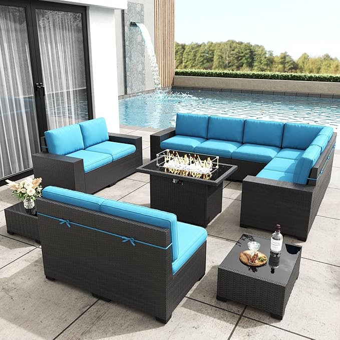 Patio Furniture Set with Fire Pit Table, 13 Pieces Outdoor All-Weather Wicker Conversation Sectional Chair Sofa Set