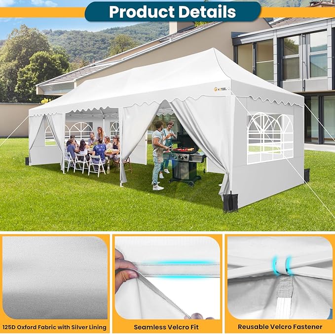 HOTEEL 10x30 Pop Up Canopy Tent with 8 Walls, Extra Tall Party Tent, Waterproof Event Shelter, Easy Setup with Wheeled Bag & Weight Bags for Wedding Backyard Large Events, White