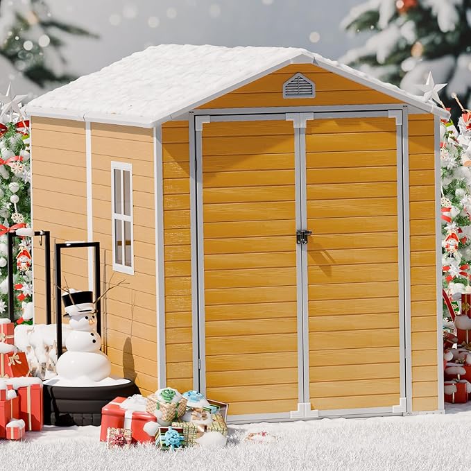 6x8 FT Plastic Resin Shed with Floor, All-Weather Storage Sheds Outdoor with Floor and Window Easy to Install, Large Plastic Sheds & Outdoor Storage for Garden & Backyard, Bright Yellow