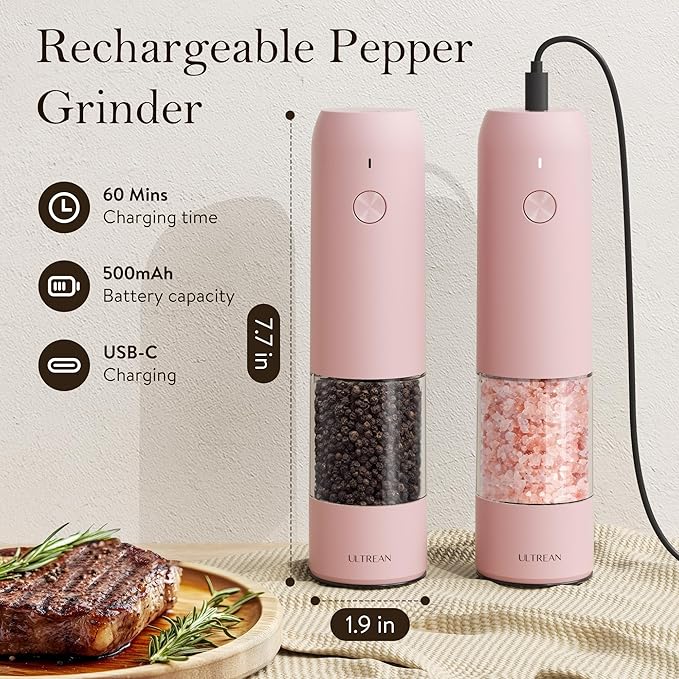 Ultrean Electric Pepper Grinder, Rechargeable Salt and Pepper Grinder with 6 Adjustable Coarseness, Automatic Grinder for Kitchen, LED Light, Christmas Gifts for Women, Pink