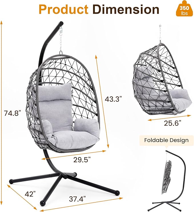 Hanging Egg Chair, Swing Chair with Stand, Hammock Chair Indoor, Patio Boho Wicker 350lbs Capacity, Swing Chair for Bedroom Garden, Balcony, Black & Gray