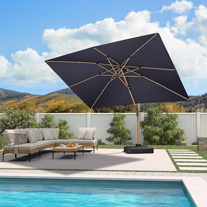 PURPLE LEAF 9' x 12' Rectangle Patio Cantilever Umbrella Large Hanging Umbrella Teak Finished Aluminum Frame Windproof Offset Outdoor Sun Umbrellas for Beach Pool Deck, Navy Blue