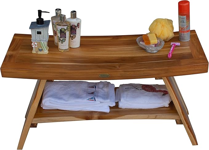 EcoDecors 35 Inch Serenity Teak Shower Bench – Waterproof Bathroom Seat with Large Storage Shelf For Adults & Seniors | Spa-Style Teak Wood Stool with Non-Slip Feet, Elegant Finish, 300 Pound Capacity