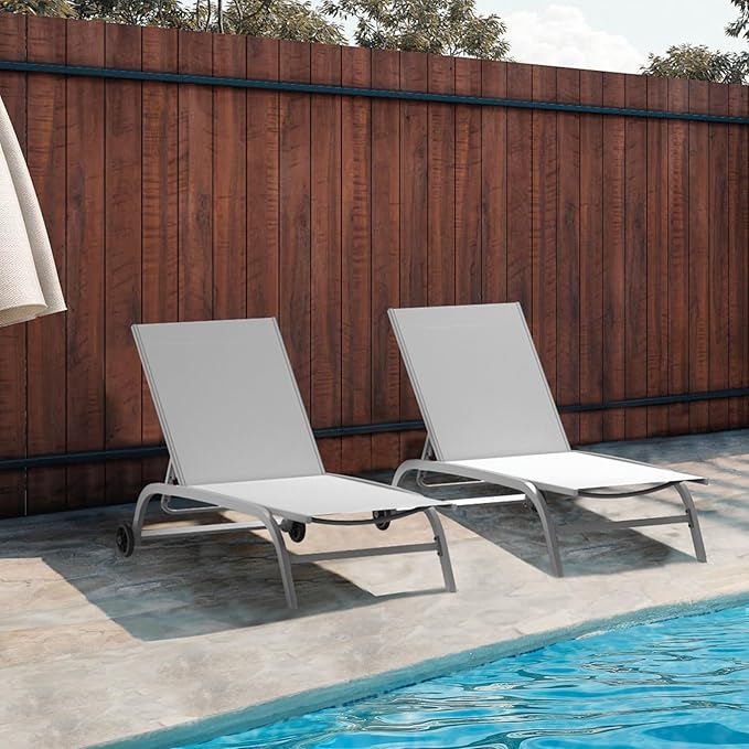 Domi Pool Lounge Chairs Set of 2, Adjustable Aluminum Outdoor Chaise Lounge with Wheels Patio Lounge Chairs, All Weather for Deck Lawn Poolside Backyard-Gray Textilene
