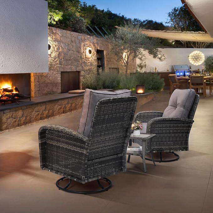 Luxury Outdoor Swivel Wicker Glider Patio Chairs with Table Set, Overstuffed Washable Cushions, Ideal for Porch, Balcony, Deck, Grey Rattan and Grey Cushion