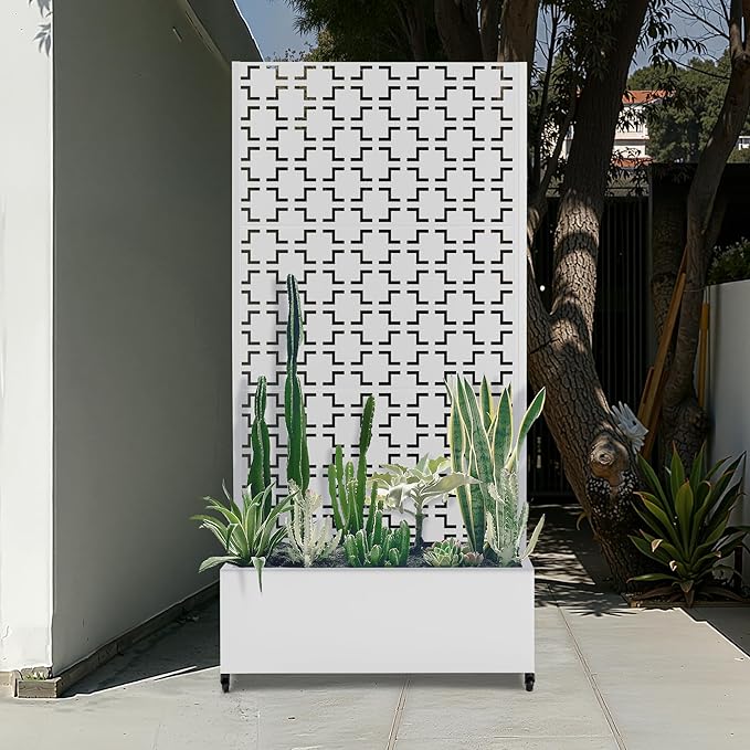 Raised Garden Beds Outdoor with Privacy Screen, Metal Standing Planter Box with Trellis & Wheels, Garden Boxes with Drainage Holes for Climbing Plants, Flowers, Vines (35"L×16"W×71"H, White Square)