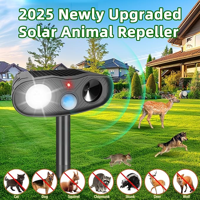Ultrasonic Animal Repellent Outdoor Deer Repellent Devices, 2Pack Solar Animal Repeller with Motion Detection Cat Squirrel Dog Repellent Deterrent with LED Flash Lights for Yard (Black) 251113 (2)