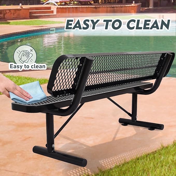 6FT Heavy Duty Park Bench with Back Portable Frame, Outdoor Metal Park Bench with Backrest, Steel Mesh Outdoor Bench for Garden, Lawn, Patio, Porch, Park, Yard (BLACK, 72.4" L x 23.2" W x 32.5" H)