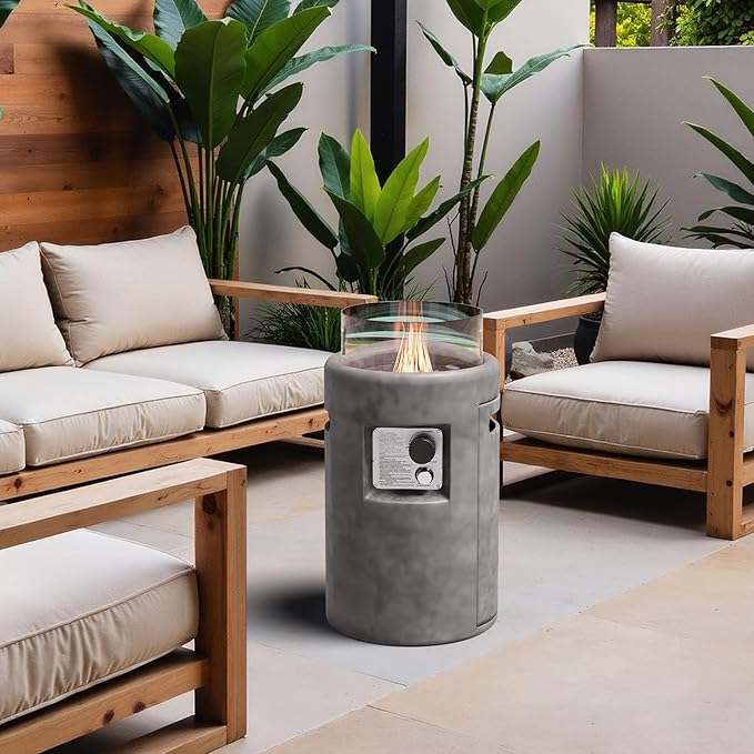 SUNBURY Outdoor Gas Fire Column, 40,000 BTU Propane Fire Pit for Patio Party & Gathering, Compact Flame Heater with Lava Rocks, Waterproof Cover for Yard & Deck Ambiance (Grey)