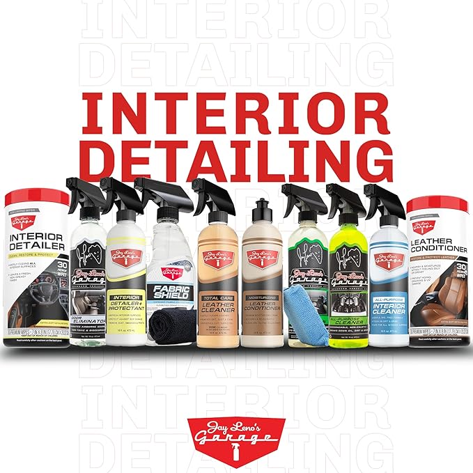 Jay Leno's Garage Tire Shine Delivers long-lasting High Gloss with a Deep Black Wet Look Glow. This Tire Dressing Spray and Car Tire Shine Work as Auto Detailing Care for Wheels and Tires – 16 oz.