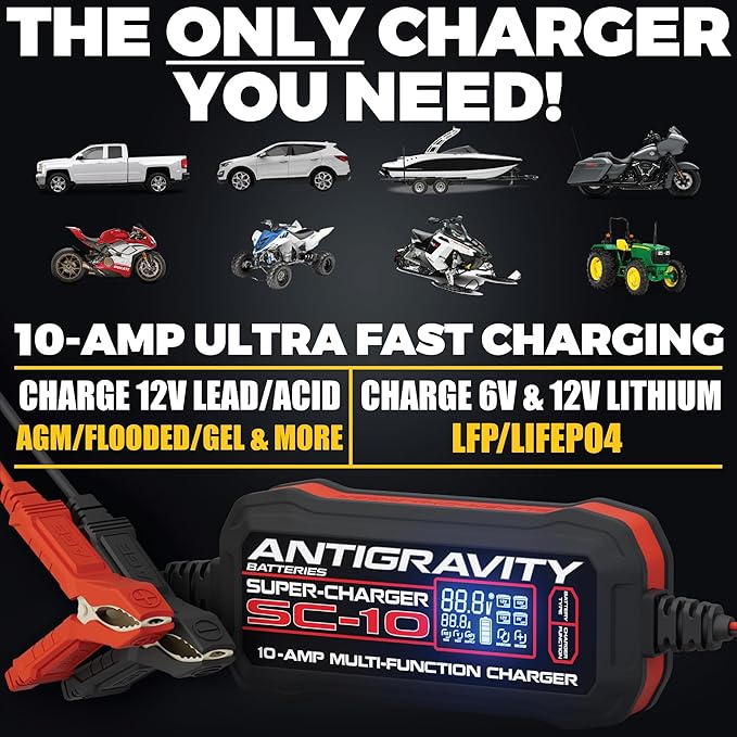 Antigravity SC-10 Super-Charger – 10A Smart Battery Charger & Maintainer for 6V/12V Lithium (LiFePO4) & Lead-Acid Batteries – LCD Display, Power Supply, BMS Reset, Multi-Protection