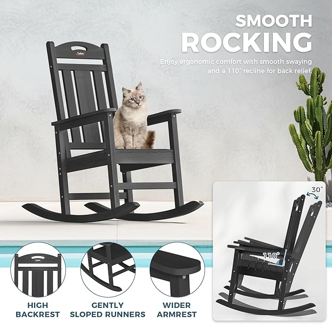 Ciokea Oversized Outdoor Rocking Chairs Set of 2, HDPE Porch Rocking Chairs for Outside, All-Weather Comfortable Patio Rockers for Front Deck Balcony, Black